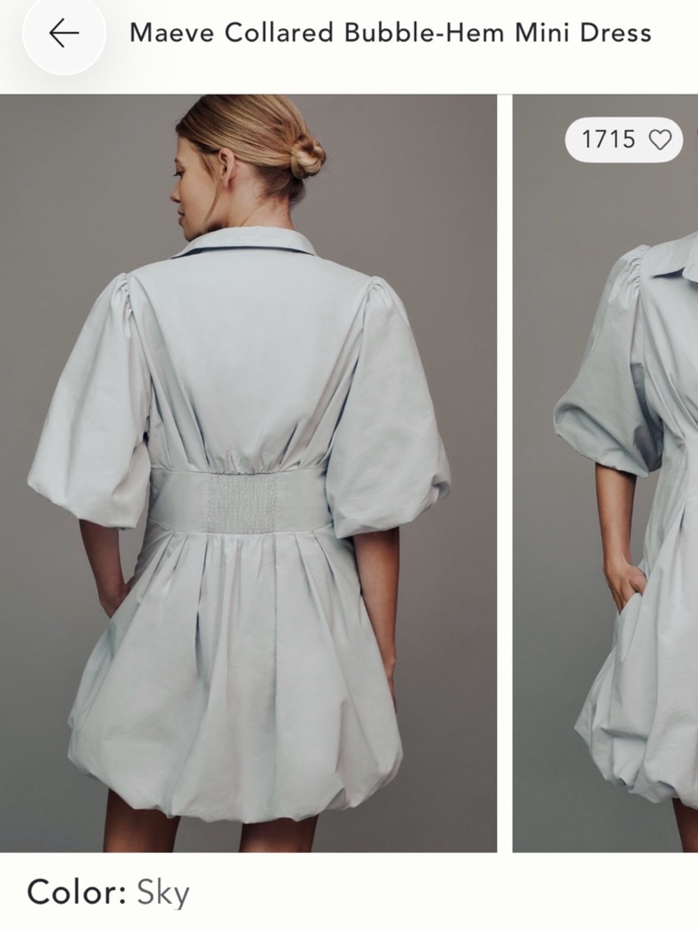 Maeve Sky Collared Puff-Sleeve Bubble-Hem Mini Dress
